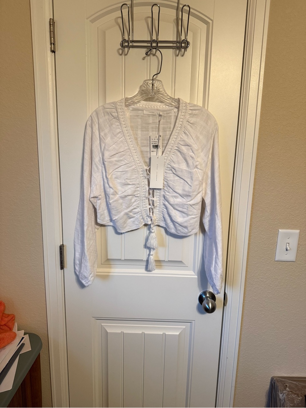 Lush White Tie-Front Cropped Peasant Blouse